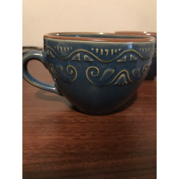 2 - Pier 1 Tunisia Stoneware Tea cups Teal Blue Tan Trim Embossed Scrolls - Picture 2 of 5